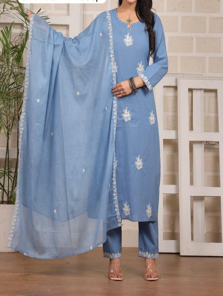 Powder Blue Embroidered Cotton Suit Set Main image