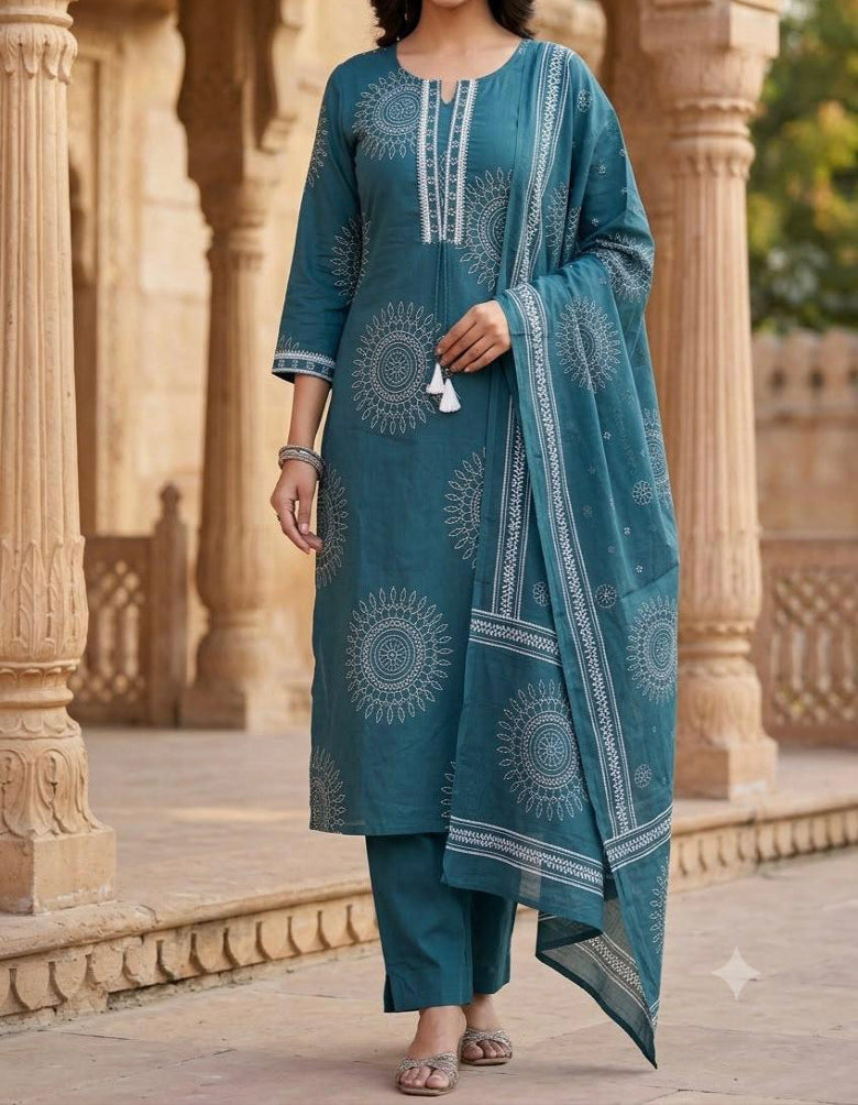 Teal Mandala Cotton Suit Main image